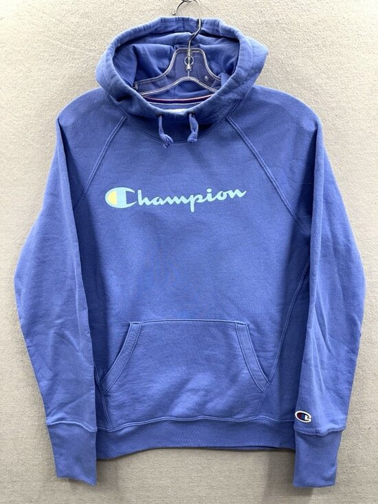 Champion Tops - Champion Hoodie Womens S Blue Powerblend Script Logo Raglan Sleeve Sweatshirt